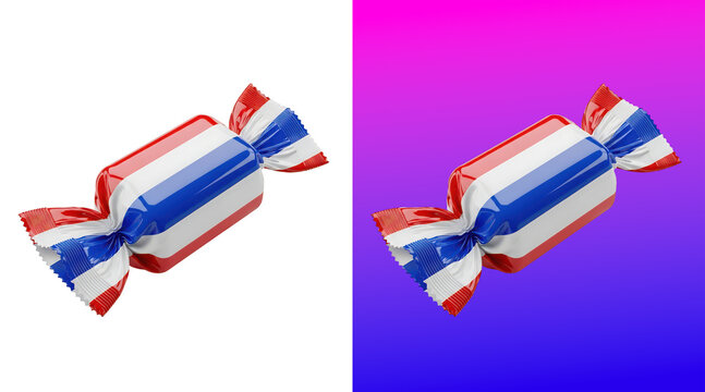 A hard candy wrapped in shiny plastic with red white and blue stripes isolated on white