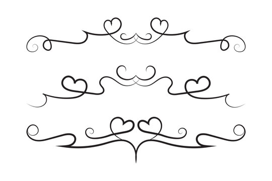 Black heart flourish dividers set, romantic symmetric swirl love borders with ornamental hearts for wedding valentine decor