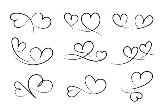 Hand drawn heart flourish pair set, black calligraphic swirl connected love icons and wedding logo design elements