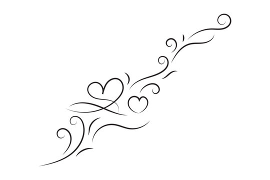 Black heart flourish corner, hand drawn calligraphic swirl love ornament for wedding invitation diagonal page corner decor