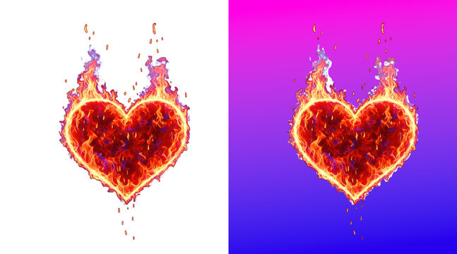 A heart shape engulfed in bright orange and yellow flames isolated on a white background
