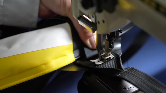 Industrial sewing machine stitching a strap onto the yellow fabric skin of a folding kayak