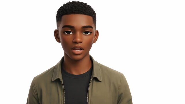 African American man cartoon character talking and blinking while looking directly forward