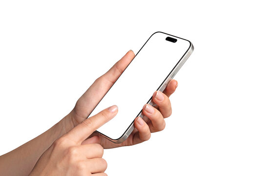 Isolated woman&rsquo;s hand holding modern smartphone Mockup on white background. Generative ai