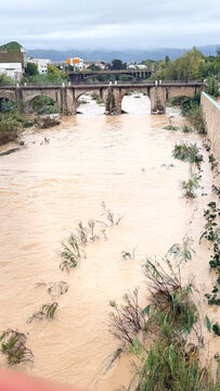 Floodwater rushing through cordoba beneath a stone bridge, submerging riverbank vegetation during severe flooding
