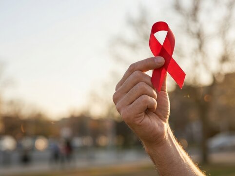 Red awareness ribbon raised high against a warm sunlit background symbolizing hope and global health solidarity.