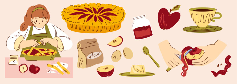 Autumn Apple Baking and Homemade Dessert Illustration Collection with Woman Preparing Pie, Fresh Apples, Pastry, Tea Cup and Kitchen Ingredients for Recipe Books, Bakery Branding, Food Packaging
