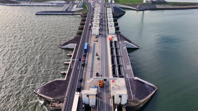 Aerial view of the Stevin sluices at Den Oever in the Netherlands