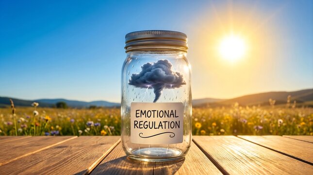 Storm cloud with lightning trapped in jar, set against peaceful sunlit meadow. Emotional regulation, suppression of emotions concept. Surreal illustration for World Mental Health day poster