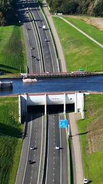 Aerial view of Aquaduct Mid-Fryslan near Akkrum, the Netherlands