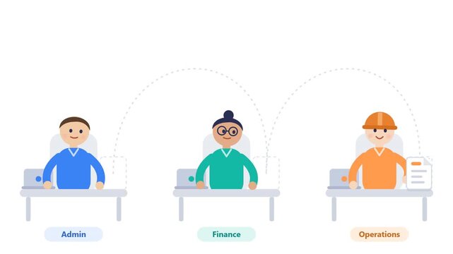 A flat vector animation showing the document flow between admin finance and operations teams on a white background. Ideal for business process and project management presentations.