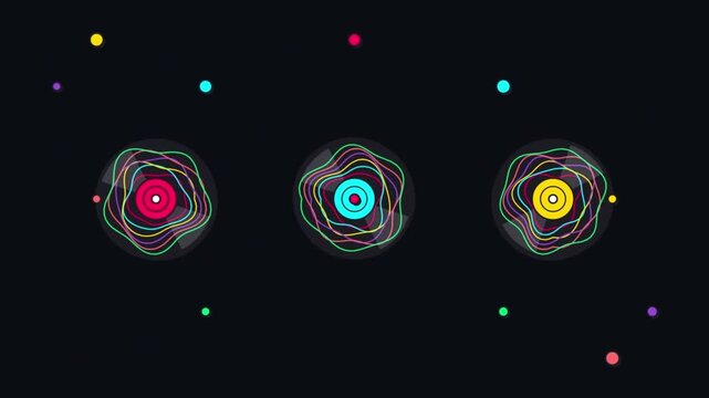 Abstract colorful glowing sound wave circular icons vector voice assistant interface elements on dark background