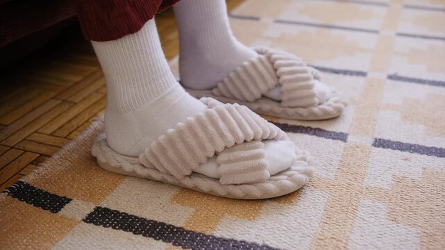Close-up of a person's feet wearing white socks and soft, ribbed beige slippers resting comfortably on a patterned rug in a cozy home environment.