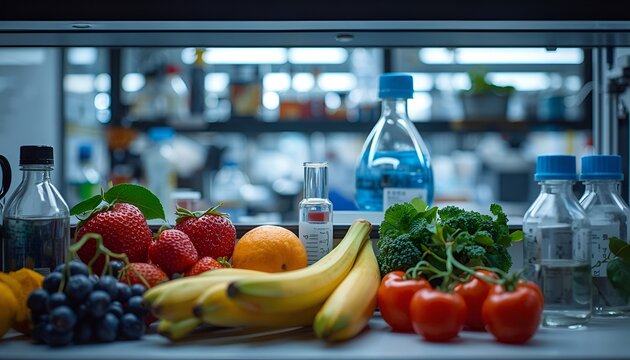 Scientific Nutrition Research with Fresh Fruits, Molecular Models and Laboratory Equipment Representing Healthy Food Innovation, Functional Nutrition and Evidence Based Science