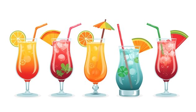Set of Colorful Tropical Cocktails in a Vibrant Vector Illustration, Featuring Exotic Summer Drinks Isolated on White Background for Bar Menus, Posters and Party Designs