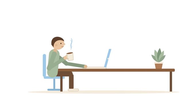 A flat illustration of a man typing on a laptop and drinking coffee at a long desk. Six sequential frames with a plant on a white background. Ideal for productivity and work life animations.
