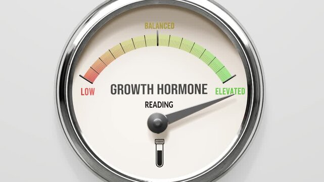Growth hormone - growth hormone level at maximum. High and rising levels of growth hormone level. Meter needle reaching ELEVATED. Growth hormone values off the charts.