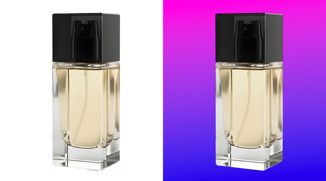 A rectangular glass bottle of golden perfume with a black cap, isolated on a white background