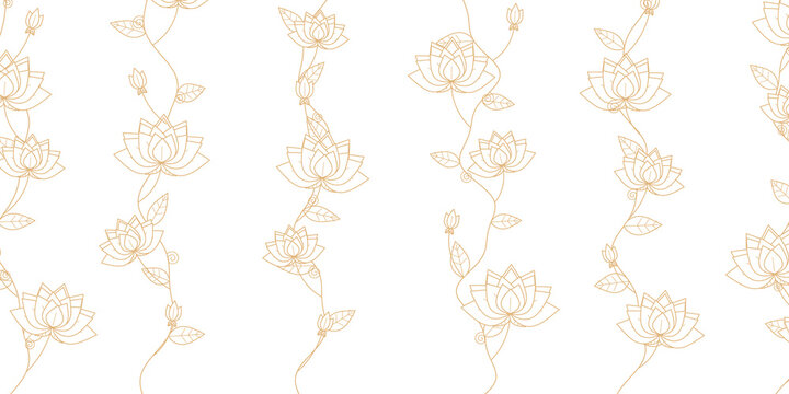 Seamless pattern with golden lotus flowers on white background