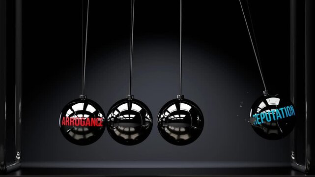 Arrogance damages reputation. Step by step reputation accumulates harm from arrogance. Elegant Newton cradle metaphor of arrogance destroying reputation, cause and effect.