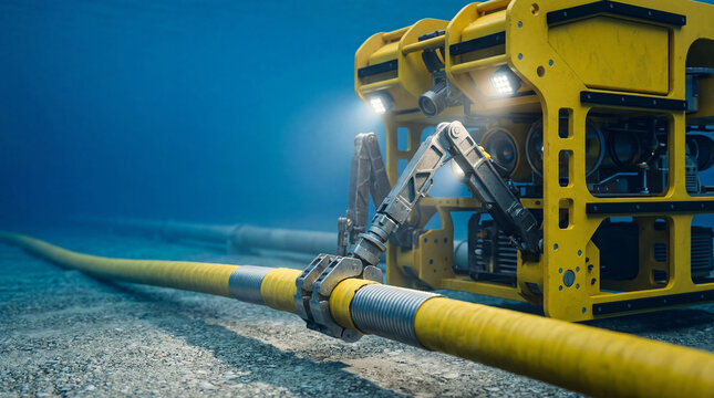 Remotely operated underwater vehicle interacting with deep sea communication cable on seabed. Robotic submarine inspecting fiber optic line. Subsea infrastructure maintenance and technology.