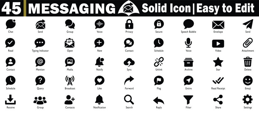 Various messaging solid black icons. Collection features chat, send, group, voice, privacy, secure, speech bubble, envelope, read, typing indicator, open, new, contact, schedule, video. Vector Icon.