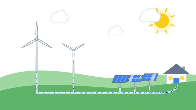 Animation frames of a sustainable house using wind turbines and solar panels on green hills. Shows energy flow from nature to home. Perfect for green energy campaigns or education.