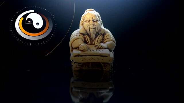 Rotating Netsuke of Wise Man Writing in Book on Dark Blue Background. This background is designed for titles, text inserts, intros, and credits for various Eastern-themed mass media, cultural,