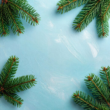 Pine branches in the corners of a light winter background, greeting card design