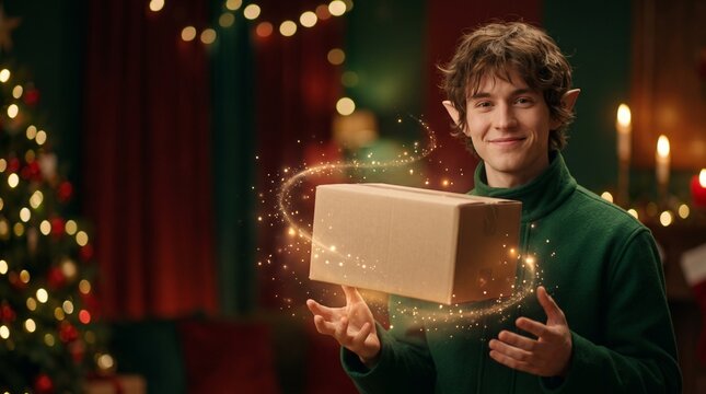 Cute elf levitating magic gift box with glowing sparkles for Christmas delivery promo seasonal discount holiday marketing website banner e-commerce offer young man dark hair pointed ears