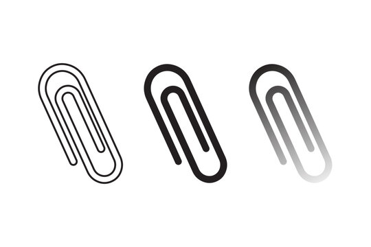 Minimalist paper clip icon vector set, black and white office paperclip line art symbols, school supply attachment web UI graphic elements