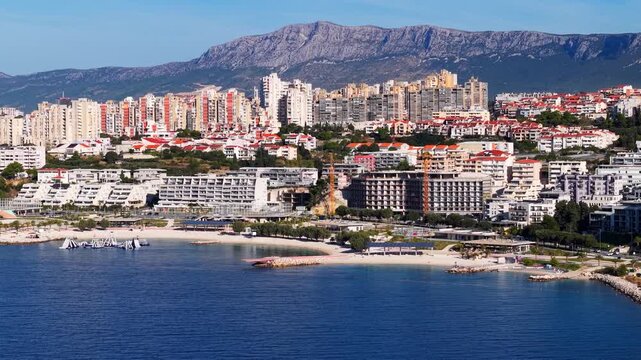 Aerial view of Žnjan beach and the eastern waterfront of Split, Croatia, with Adriatic Sea