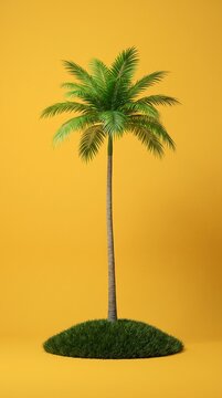 Single palm tree standing on a small grassy island against a solid vibrant yellow background