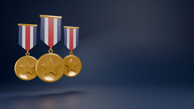 3D render of three gold military medals with ribbons on dark blue background, Veterans Day honor and tribute concept