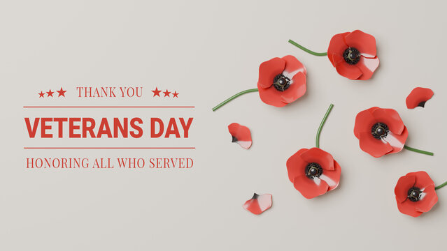 3D render Veterans Day Thank You Honoring All Who Served text with red poppies on white background, memorial concept