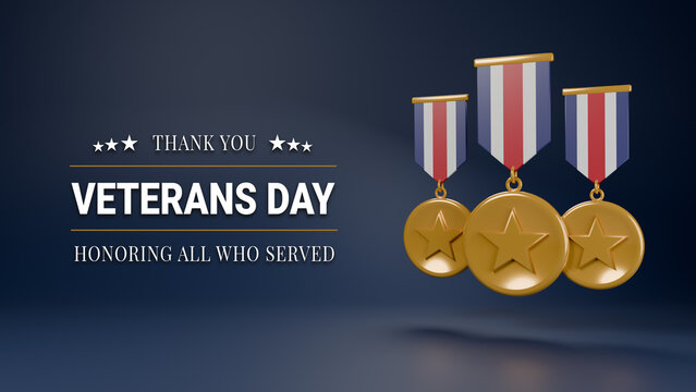 3D render Veterans Day Thank You Honoring All Who Served text with gold medals on dark blue background