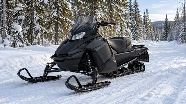 Modern black snowmobile parked on a snowy winter forest trail during a sunny day for adventure travel