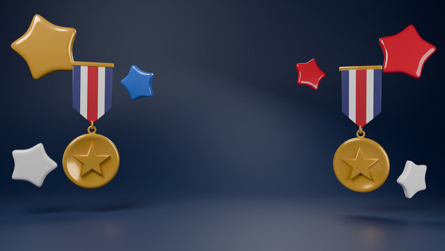 3D render of gold military medals with red blue star decorations on dark blue background, Veterans Day concept