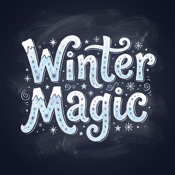 Winter magic handlettering typography design with snowy mountains and snowflakes on a dark chalkboard background