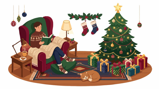 A cozy Christmas scene where a person reads a book in an armchair next to a decorated Christmas tree, with gifts piled high and a cat sleeping nearby. The room is adorned with festive decorations.