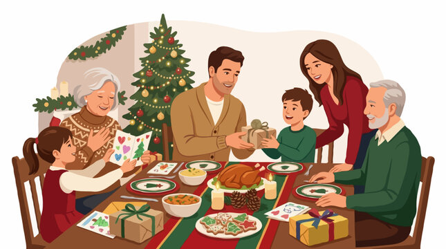 A family is gathered around a dining table for a Christmas meal, exchanging gifts and cards. A decorated Christmas tree stands in the background