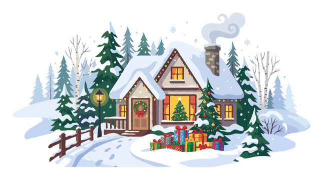 A charming cottage decorated for Christmas, nestled in a snowy landscape with fir trees and gifts piled outside. Warm light glows from the windows, suggesting a cozy holiday celebration.