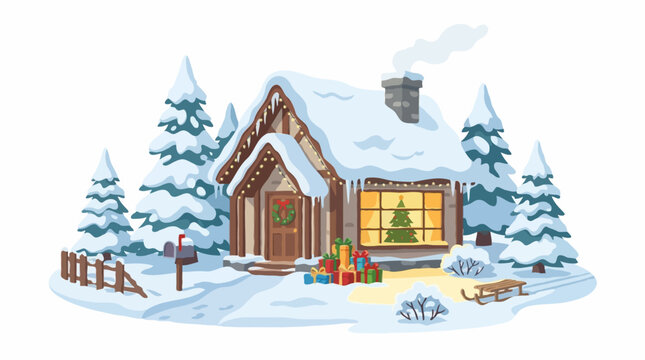 A cozy cabin nestled in a snowy winter wonderland, adorned with holiday decorations. The scene captures the warmth and joy of the festive season, with snow-covered trees, a mailbox.