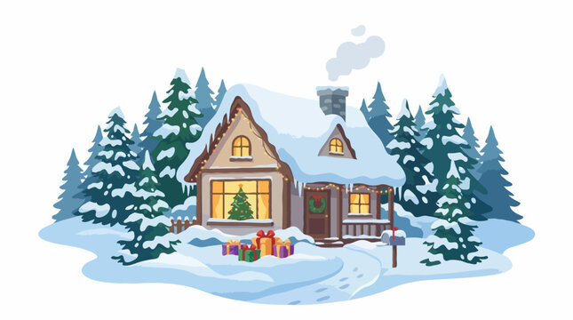 A cozy snow-covered cottage in a winter forest, adorned with Christmas lights and presents. Smoke curls from the chimney, creating a warm and inviting atmosphere for the holiday season