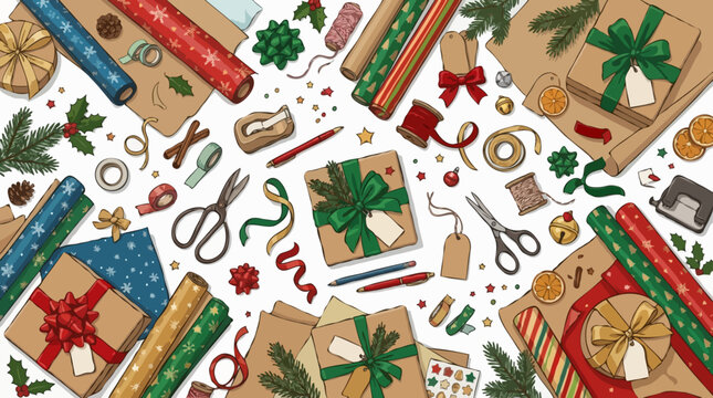 A festive collection of holiday gift wrapping supplies, including paper, ribbon, bows, tape, and scissors, artfully arranged on a white surface