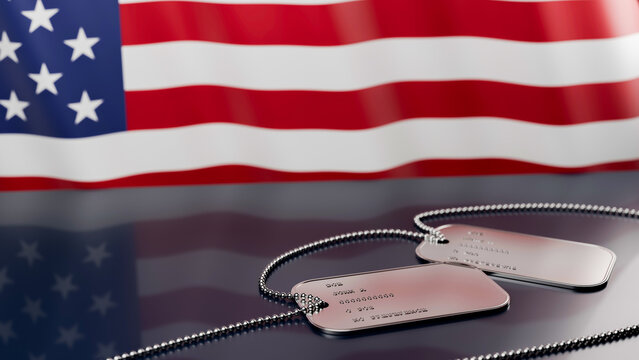 3D render of military dog tags on chain lying on USA flag background, Veterans Day tribute memorial concept