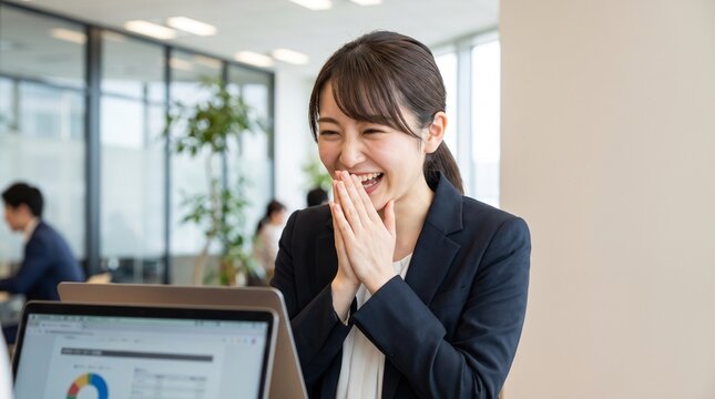 ノートPCの前で口に手を当てて歓喜する若い日本人女性社員のクローズアップ。吉報・内定・感動・成功・仕事成果・ブラウス・オフィス・広報・採用・ビジネスカジュアル