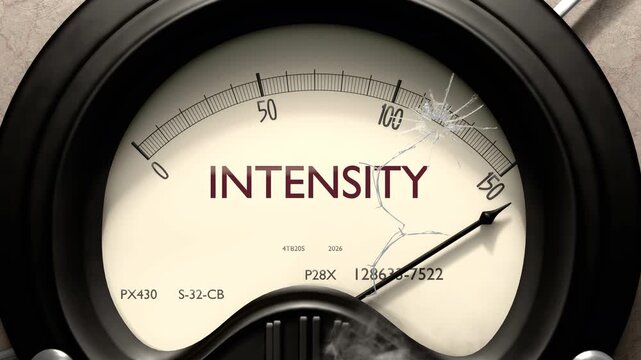 Intensity meter showing big levels of intensity. Dangerously increasing high values of intensity, critical overload. Too much, off the charts. Max intensity