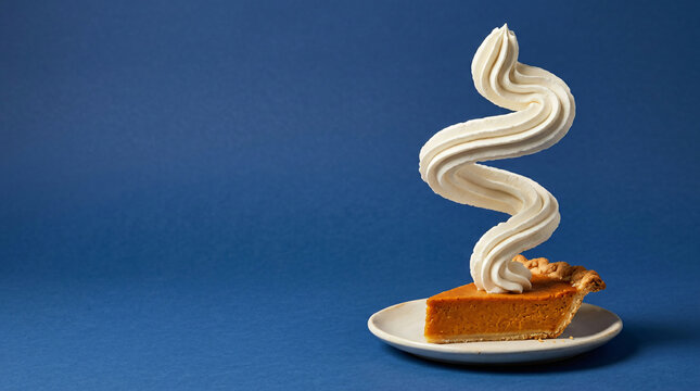 Pumpkin pie slice with tall whipped cream swirl on blue background.