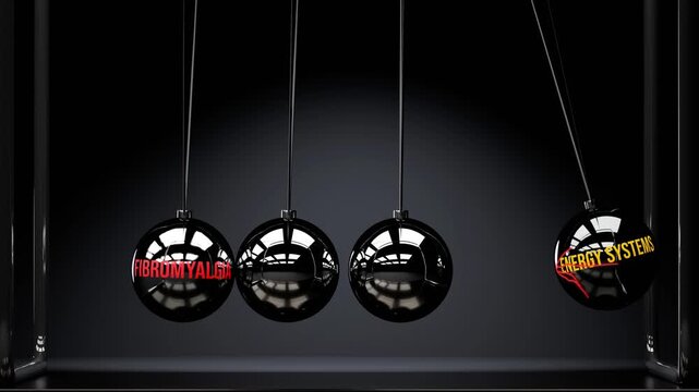 Fibromyalgia damages energy systems. Step by step energy systems accumulates harm from fibromyalgia. Elegant Newton cradle metaphor of fibromyalgia destroying energy systems, cause and effect.